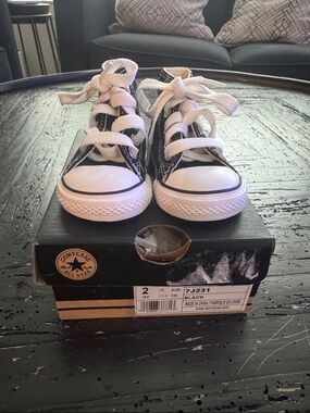 New in box: Converse Kids Black and White Canvas High-Top Sneakers. 2C